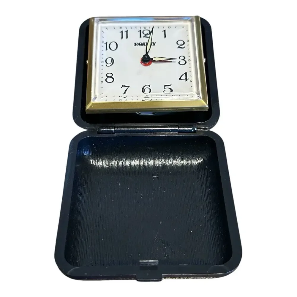 Vintage Equity Folding Travel Alarm Clock Wind Up Black Case Tested Works